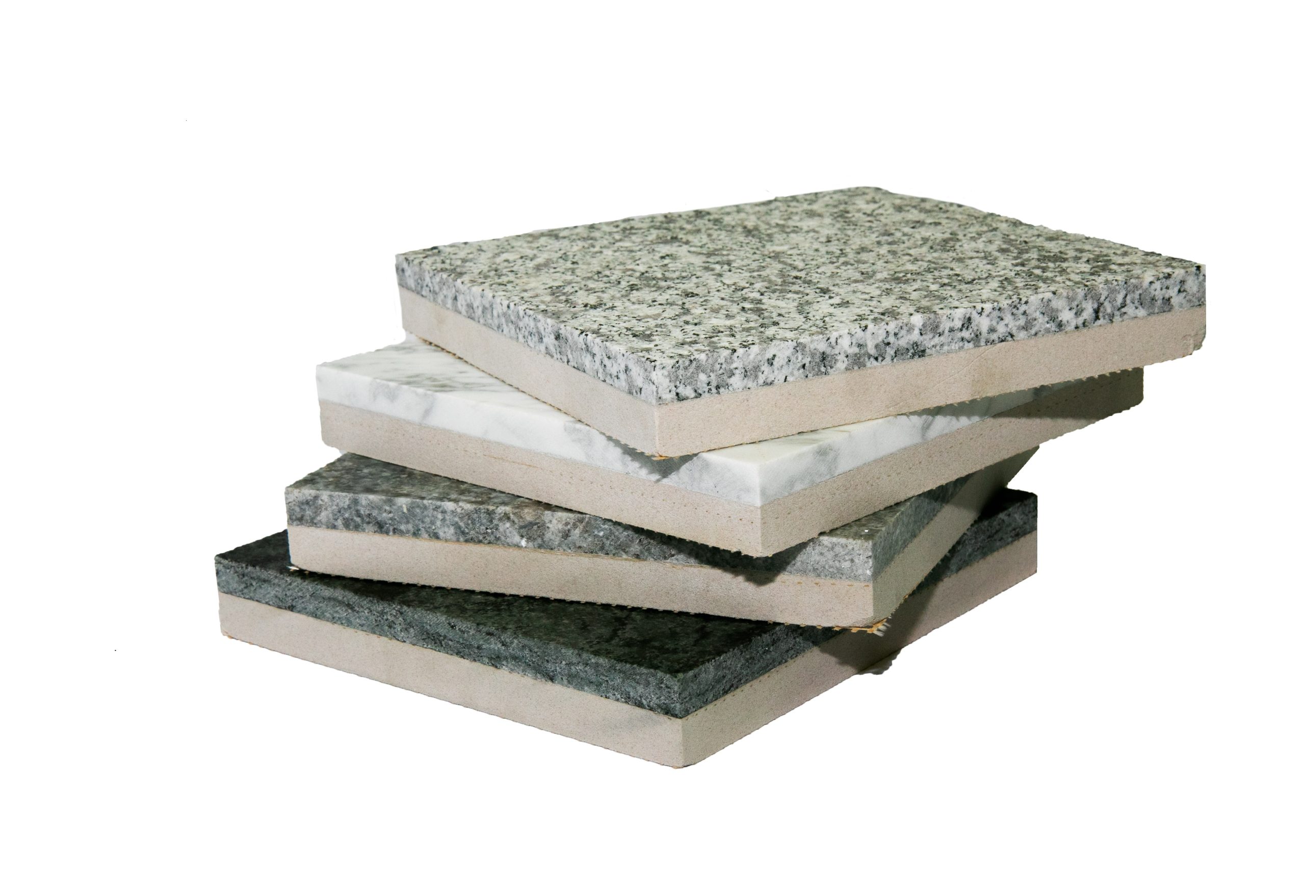 Image showcasing Cristolite lightweight exterior stone cladding samples, featuring a variety of natural stone materials bonded to the composite backing board.