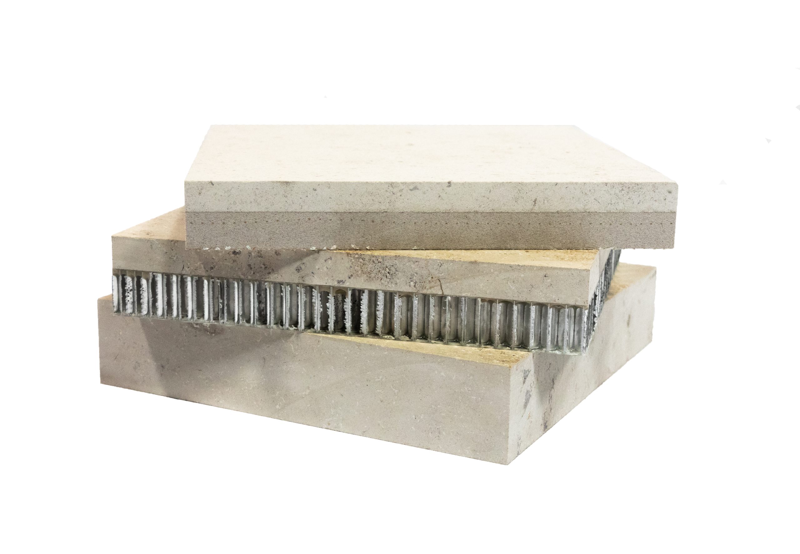 Comparison of a Cristolite lightweight stone panel with inorganic backing board, a Cristocomb sample featuring an aluminum honeycomb substrate, and a traditional stone sample.