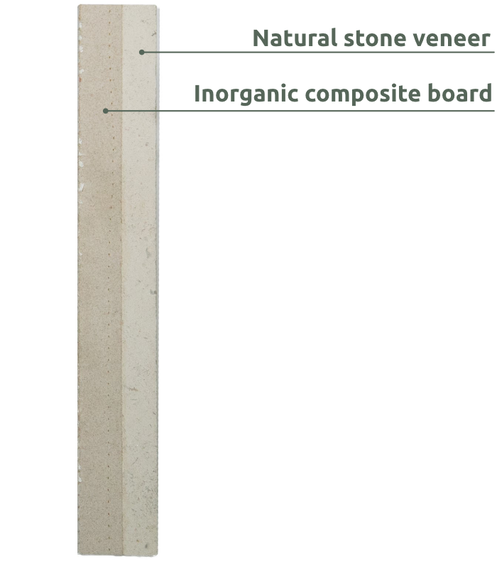 Labelled diagram of our Cristolite panel for lightweight exterior stone cladding, illustrating key components such as the stone veneer layer and lightweight backing material