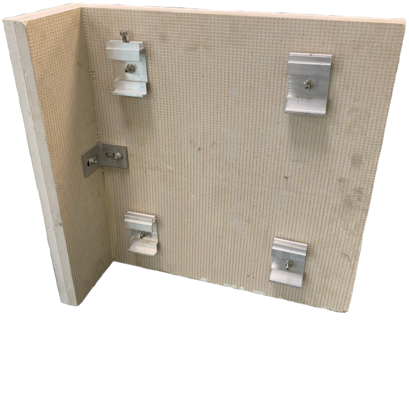 Image of a pre-formed lightweight stone cladding panel for lightweight exterior stone cladding, featuring integrated hangars and fixings. The panel is shown with mounting hardware attached, designed for easy installation and secure attachment to the building's facade.