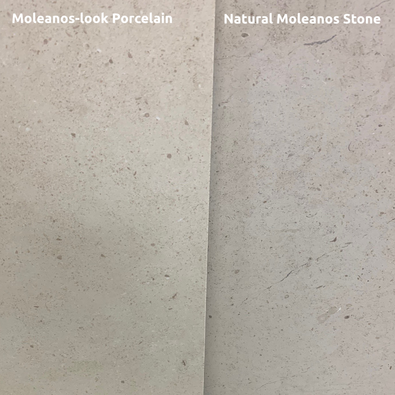 Side-by-side comparison of Moleanos-look porcelain and natural Moleanos stone finishes